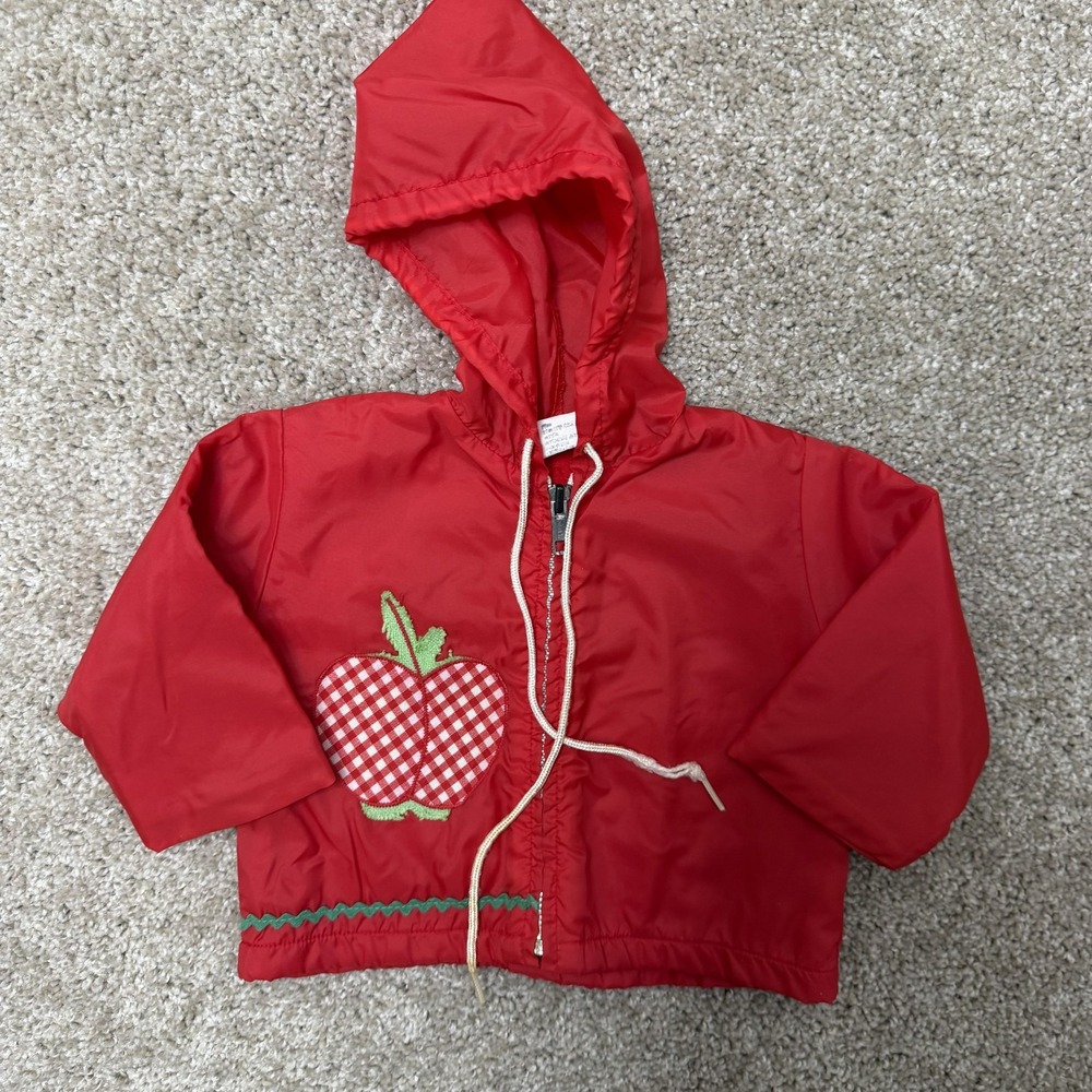 Vintage Hooded Apple Jacket Infant 12M Red Nylon Lined Windbreaker Embroidered